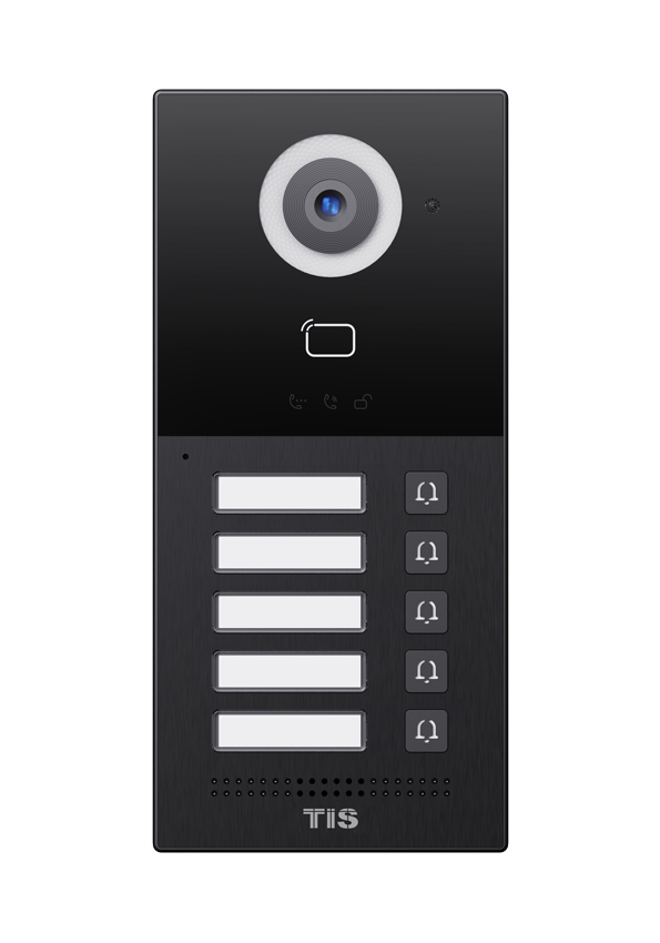Multi-button SIP Video Door Phone(5 buttons) TIS-INT-5PB-61M 1. Body material: Aluminum + Tempered Glass 2. Camera: 2M pixels, automatic lighting, Viewing angle: 110°(H) / 60°(V) 3. RF card reader: 13.56MHZ & 125kHz 4. Output Relay: 2 output relay for door opener 5. IP / IK Rating: IP65, IK06 6. 3 integrated indicators 7. Installation: Surface Mount 8. PoE (IEEE802.3af, Power-over-Ethernet); 9. Complies with SIP standard for easy integration in every SIP PBX