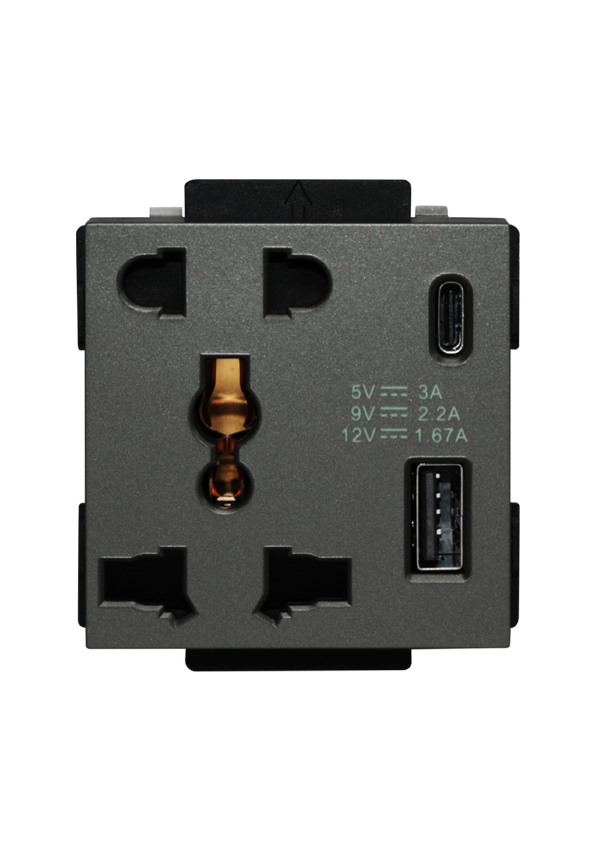 Click 13A,220V  Universal socket with  2USB(C+A) 5 Pin (fast charge)  Gray