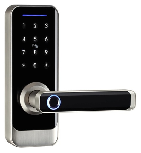[TIS-A233F-SLF (Single/5050)] "Smart BLE Digital Fingerprint Lock, Work with proximity card Aluminum alloy panel/handle Satin Nickel treatment Available for 60/85,55/72 mortise or single latch Work with alkaline battery Emergency key for backup use 300,000 times life test Work with bluetooth technology Support remote passcode change Available for WIFI hub for remote management(optional)"